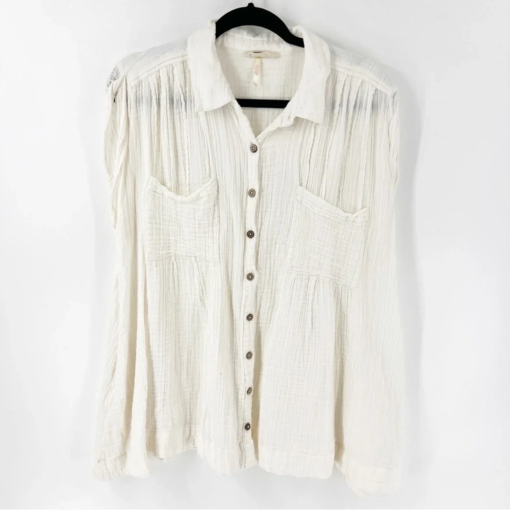 ✅ FREE PEOPLE COTTON X-SMALL CREAM‎ PIRATE PAINTER BOHO SHIRT BUTTON UP
